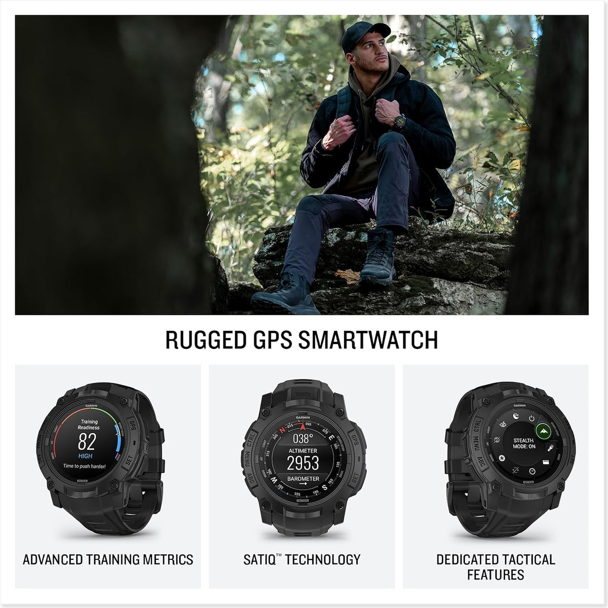 Garmin Instinct 3 Tactical Edition AMOLED 50mm Display, Rugged Outdoor GPS Smartwatch Bundle with USB Wall Charger + Microfiber Cleaning Cloth
