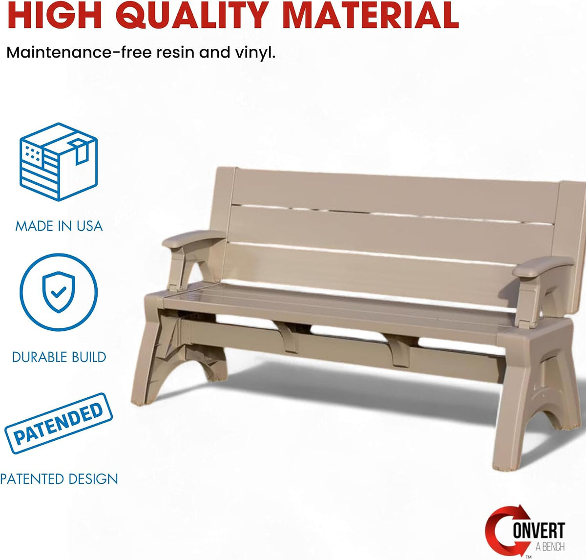 Convert-a-Bench Gen 2 2-in-1 Outdoor Convertible Bench to Picnic Table | Space-Saving, Weather-Resistant Patio Furniture for Yard, Deck, Garden | Easy Assembly & Durable - 1 Bench/Order, Adobe