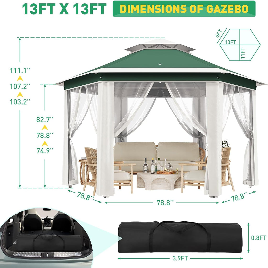 13' x 13' Pop-Up Gazebo, Hexagonal Canopy Shelter with 6 Zippered Mesh Netting, Event Tent with Strong Steel Frame for Backyard, Garden, Lawn, Green and Beige