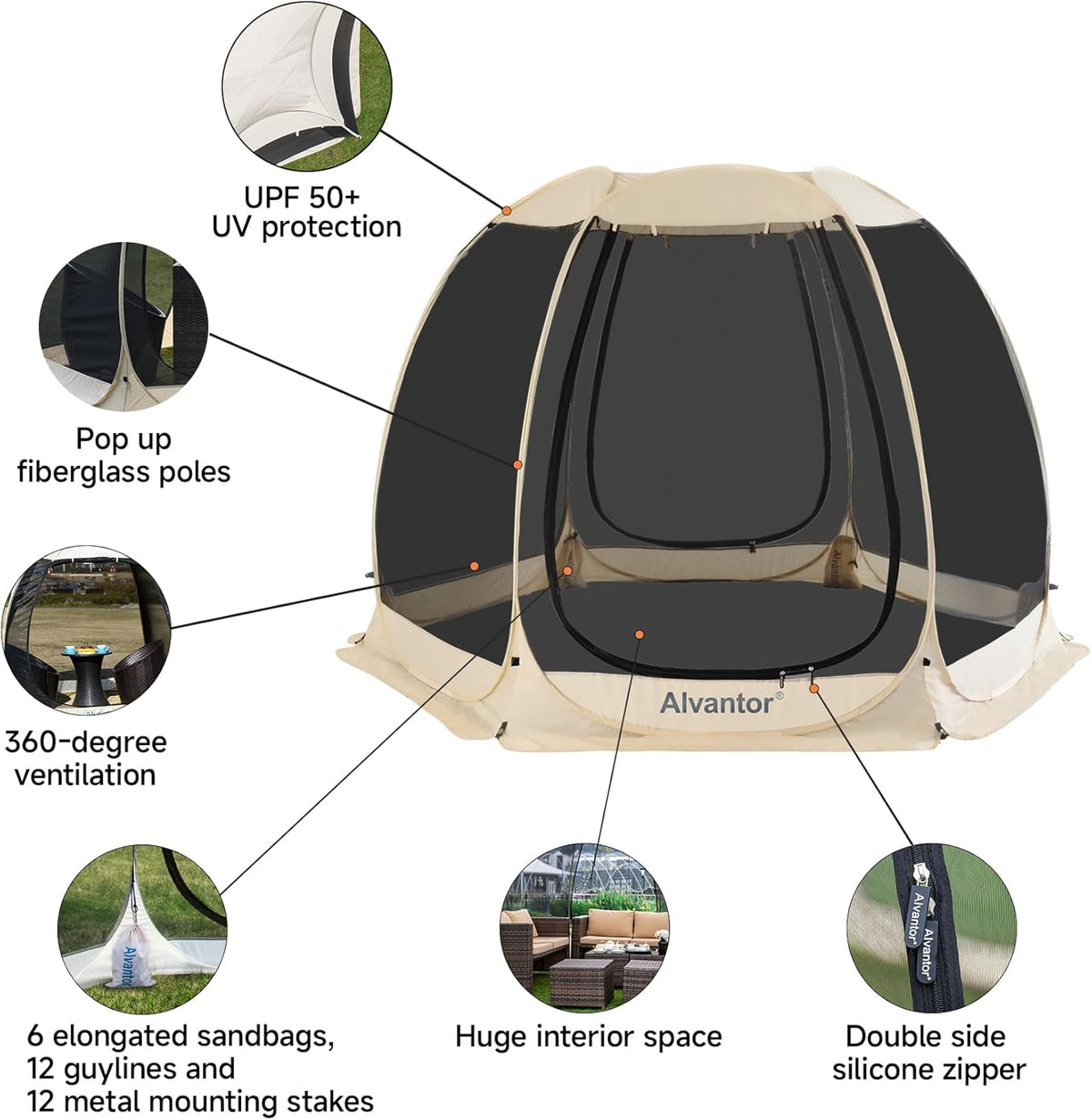 Alvantor® Screen House Room Camping Tent Outdoor Canopy Pop Up Sun Shade Hexagon Shelter Mesh Walls Not Waterproof 10'x10' Beige Patent Pending