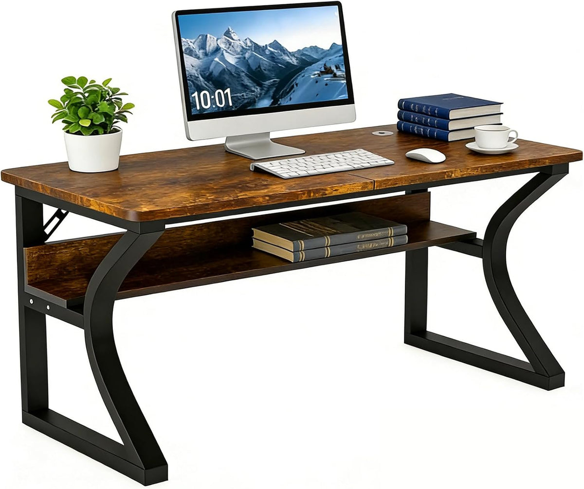55 inch Computer Desk, Home Office Desk with Storage Shelf, Sturdy U-Shaped Metal Frame Study Table with Cable Management, Gaming Desk for Office & Bedroom, Rustic Brown