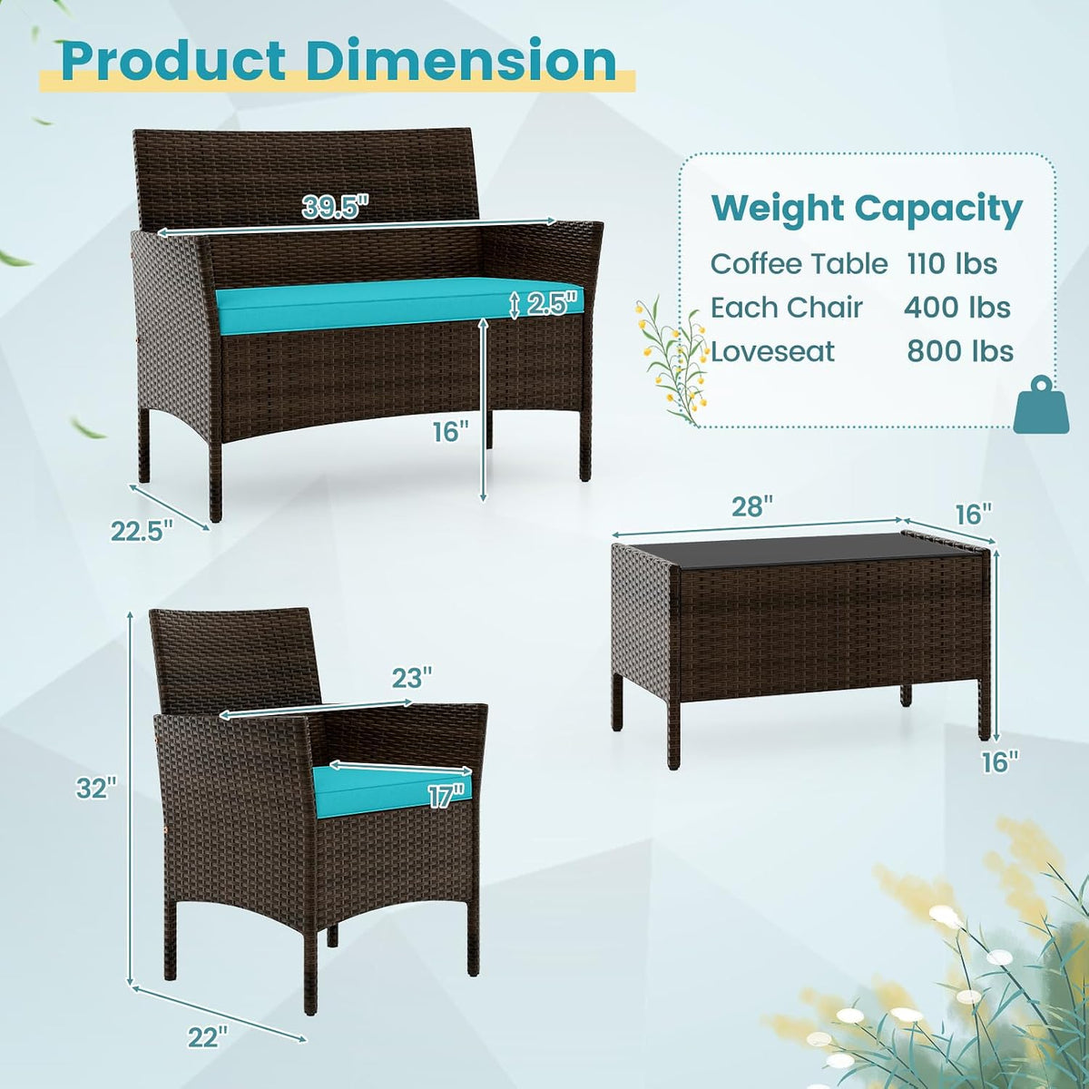 DORTALA Wicker Patio Furniture Set 4 Piece, Outdoor PE Rattan Table & Chairs Set with Tempered Glass Coffee Table, Loveseat, Cushions, Conversation Set for Balcony, Porch, Backyard, Deck, Turquoise