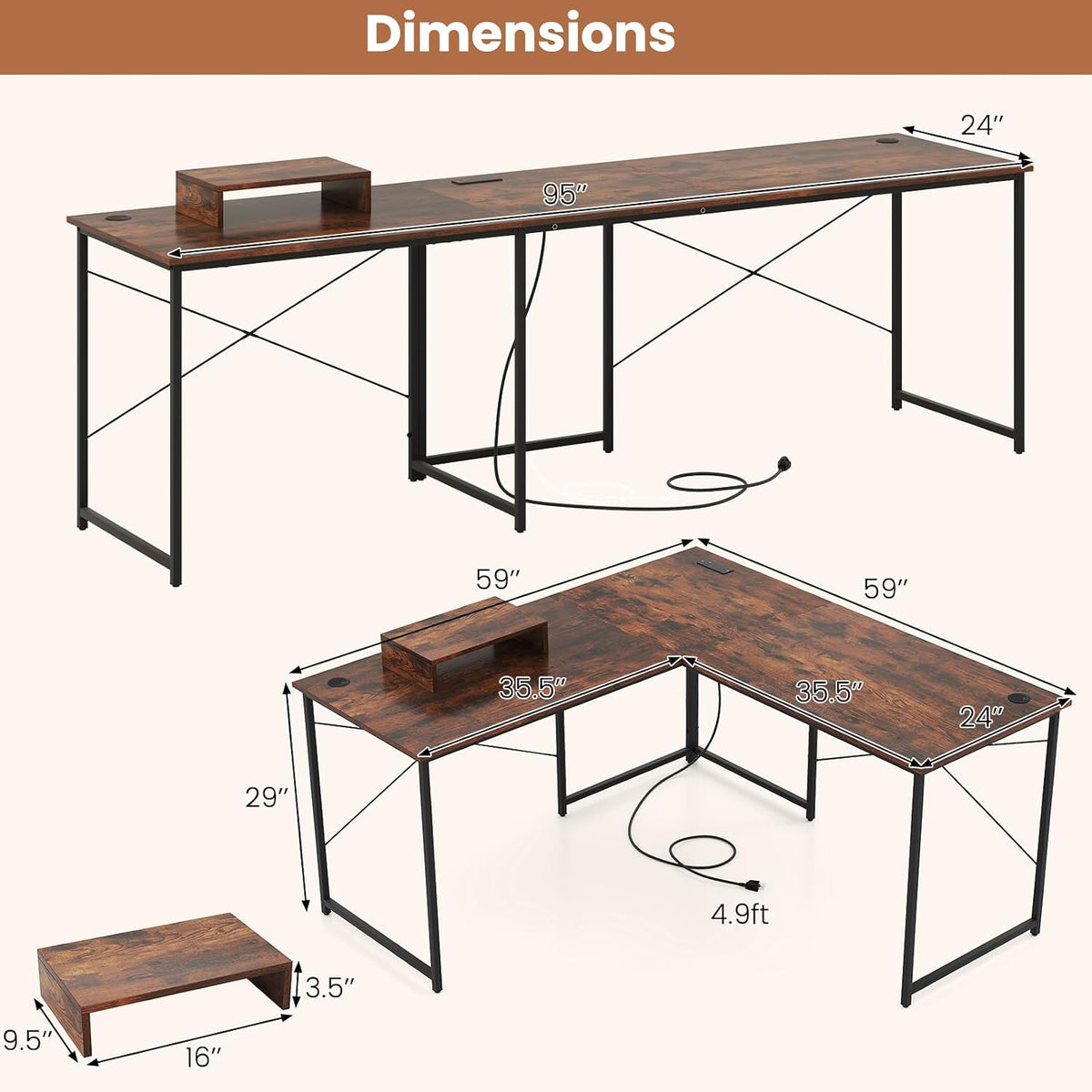 Tangkula L-Shaped Computer Desk with Power Outlets, 95' Long 2-Person Desk with Monitor Shelf, Modern Corner Desk Gaming Table with USB Ports for Home Office