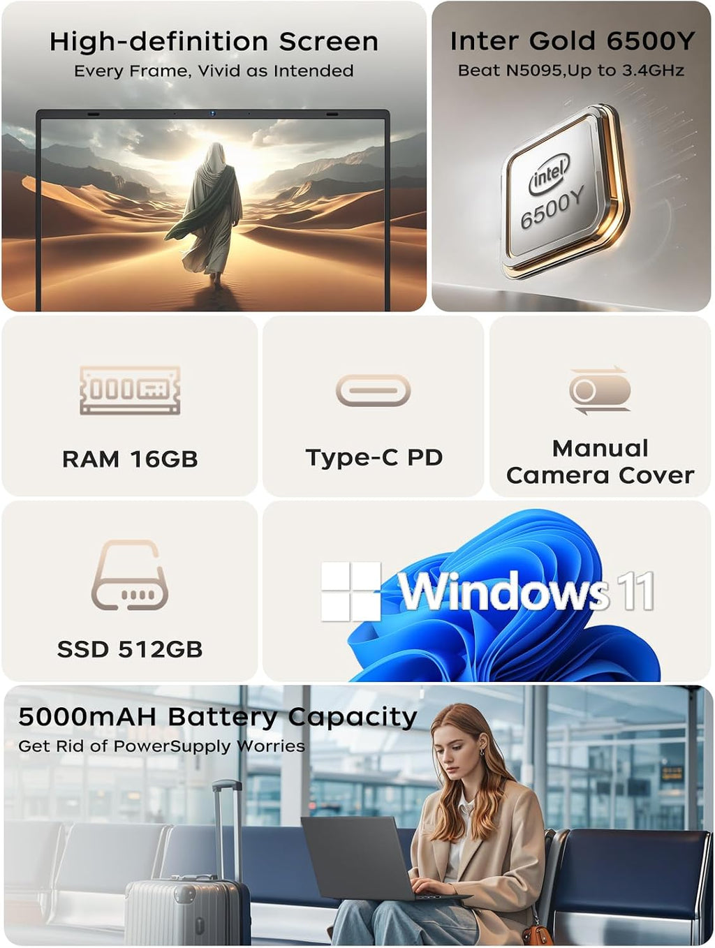 BLUEING 15.6-Inch Laptop Computer, Gold 6500Y Processor (Up to 3.4GHz), 16GB RAM 512GB SSD, 1080P FHD IPS Display, Win11, Type-C, HDMI, USB3.2, BT5.2, WiFi 5, Laptops