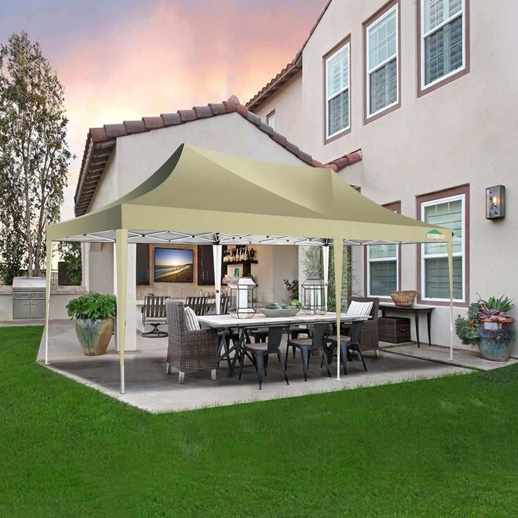COBIZI 10x20 Pop up Canopy Tent with 6 Sidewalls, Easy Set up Canopy Tents Gazebos for Parties with Metal Frame, Waterproof & UV50+, Height Adjustable, Potable Carry Bag (Khaki)