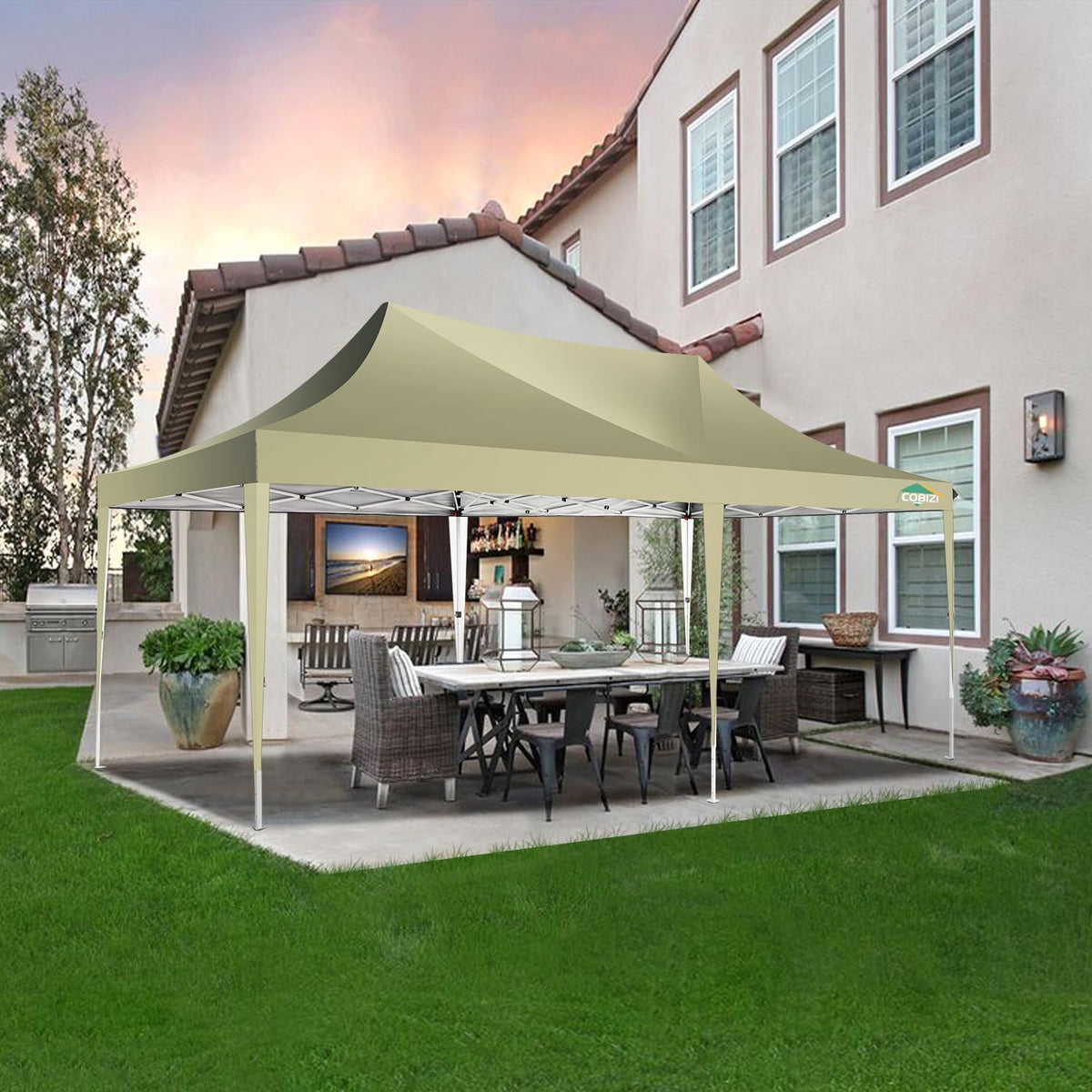 COBIZI 10x20 Pop up Canopy Tent with 6 Sidewalls, Easy Set up Canopy Tents Gazebos for Parties with Metal Frame, Waterproof & UV50+, Height Adjustable, Potable Carry Bag (Khaki)