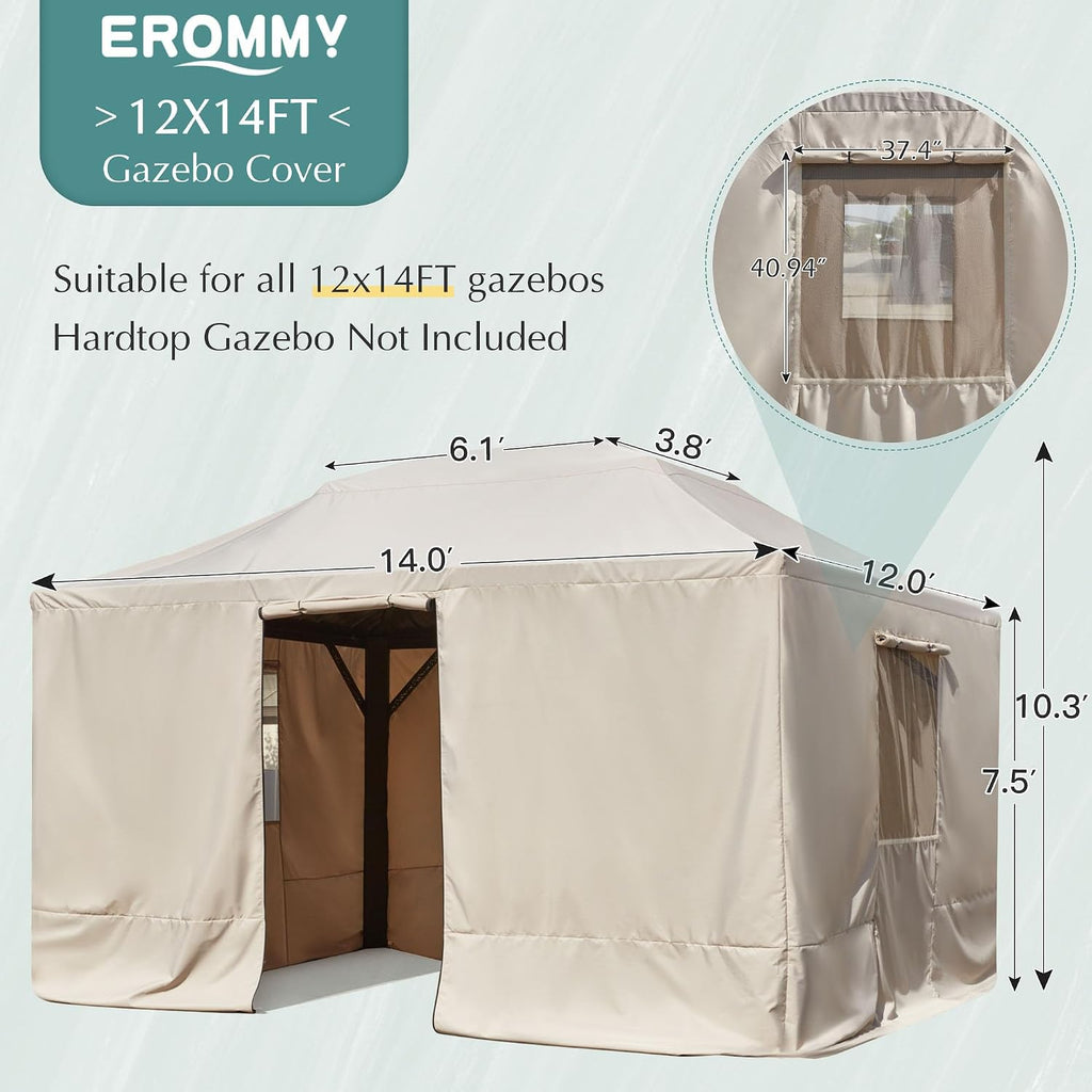EROMMY Gazebo Cover for 12x14 Gazebos, Outdoor Winter Cover with Sidewalls and Mesh Windows, Convert into Storage Space, Beige