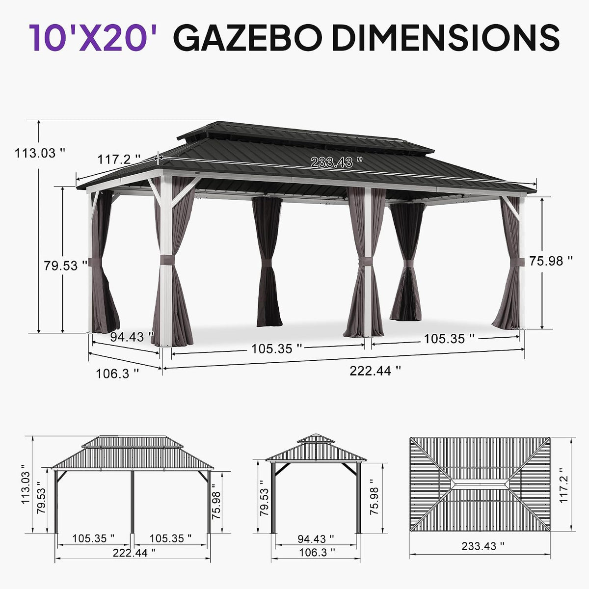 PURPLE LEAF 10' X 20' Hardtop Gazebo Metal Double Roof White Aluminum Frame Outdoor Heavy Duty Gazebo with Curtain and Netting for Patio Garden and Backyard, Grey