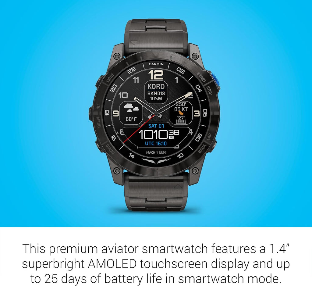 Garmin D2™ Mach 1 Pro, Aviator Smartwatch with GPS Moving Map, Aviation Weather, Health and Wellness Features, AMOLED Display, and Built-in Flashlight