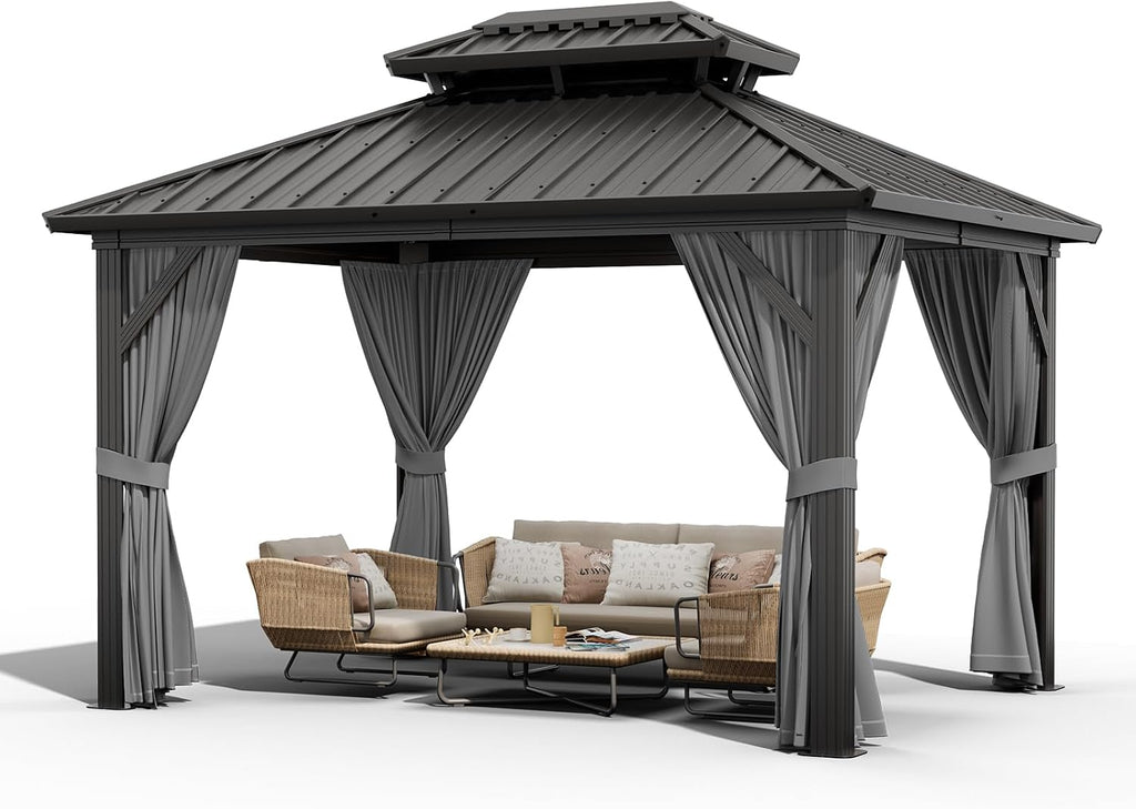GarveeLife 10x12 ft Double Roof Hardtop Gazebo, Heavy Duty Galvanised Steel Hardtop Pavilion with Nettings and Curtains, Aluminum Gazebo for Patio, Terrace, Lawn and Deck, Grey