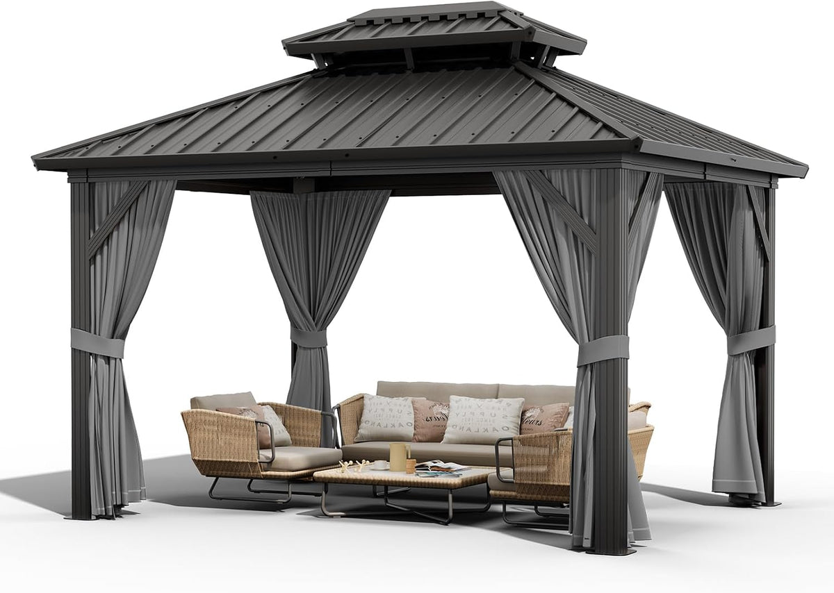 GarveeLife 10x12 ft Double Roof Hardtop Gazebo, Heavy Duty Galvanised Steel Hardtop Pavilion with Nettings and Curtains, Aluminum Gazebo for Patio, Terrace, Lawn and Deck, Grey