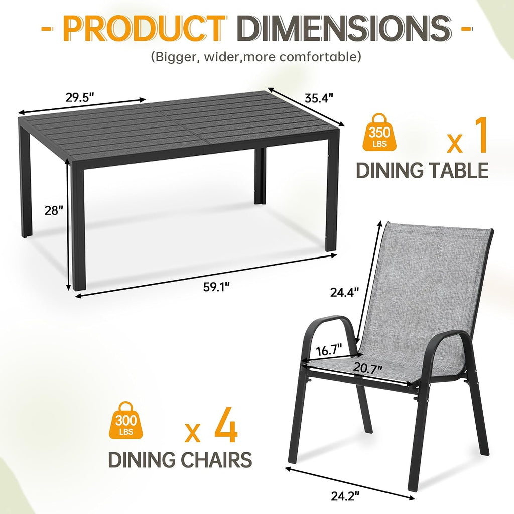 PIZZELLO 5-Piece Outdoor Patio Dining Set, 4Pcs Stackable Patio Chairs and Rectangular Dining Table, All Weather Outdoor Table and Chairs Set for Backyard, Garden, Deck and Poolside
