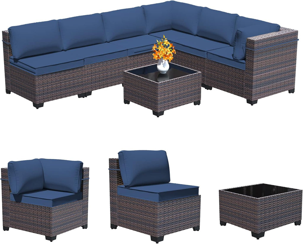 7 Pieces Outdoor Patio Furniture Set,Outdoor Sectional Furniture All Weather PE Rattan Wicker Patio Conversation Set with Coffee Table and 6 Thickened Cushions,Navy Blue