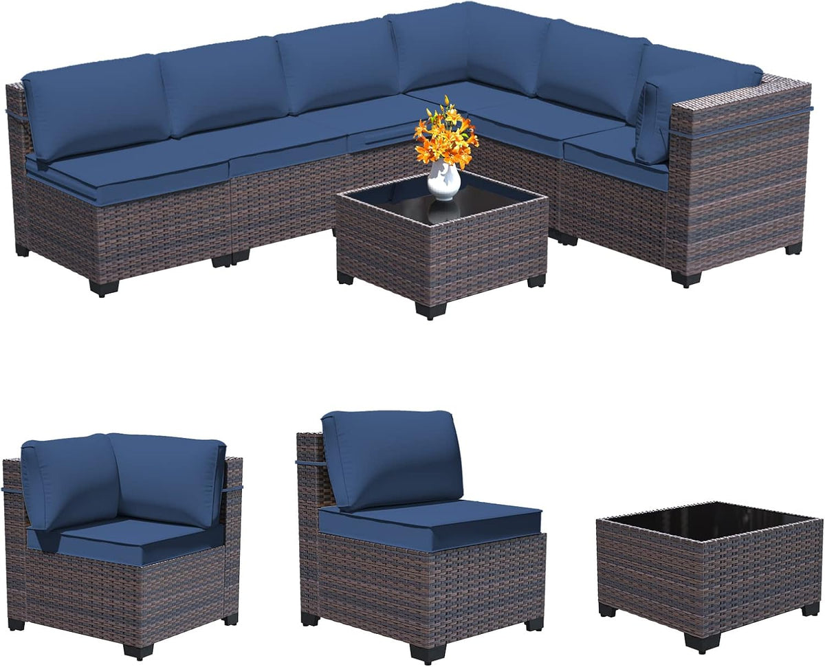 7 Pieces Outdoor Patio Furniture Set,Outdoor Sectional Furniture All Weather PE Rattan Wicker Patio Conversation Set with Coffee Table and 6 Thickened Cushions,Navy Blue
