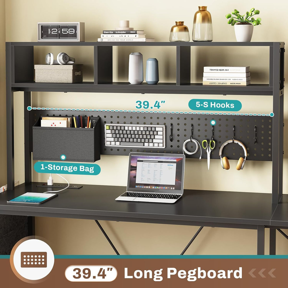 SEDETA L Shaped Gaming Desk with Hutch, 57.5' Reversible Corner Computer Desk with Storage Shelves, Gaming Desk with Pegboard, LED Lights, Power Outlet, Keyboard Tray and Storage Bag, Black