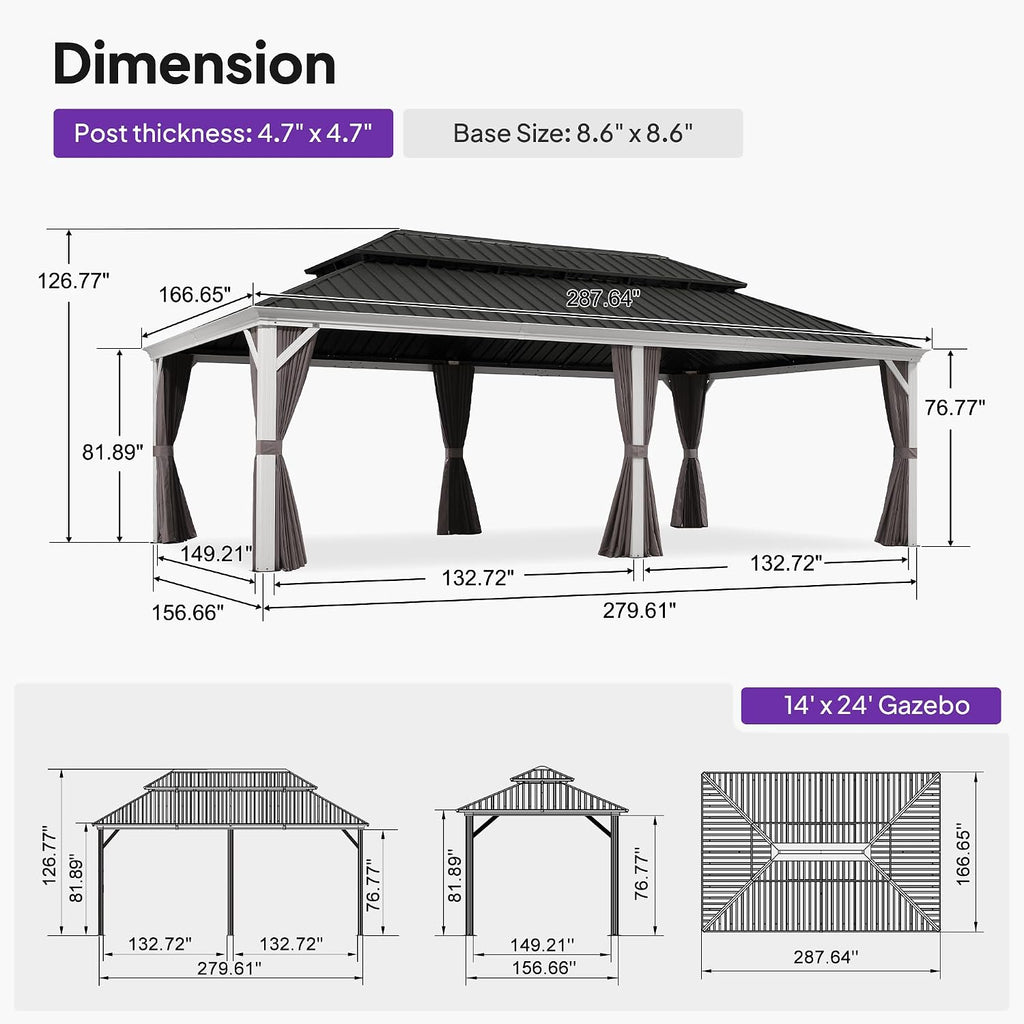 PURPLE LEAF 14' X 24' Hardtop Gazebo with Double Galvanized Steel Roof Awning and Upgrade Curtain for Patio Lawn and Garden, Grey