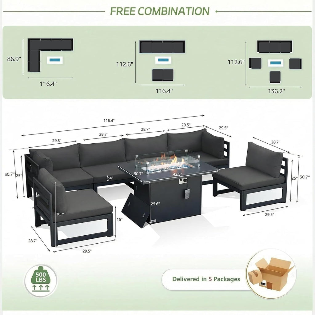 RADIATA 7 Piece L-Shaped Contemporary Aluminum Outdoor Furniture Set with Firepit, 29' Deep Wide Large Couch Set, 500 lbs High Weight Capacity Modular Patio Sectional Sofa for Garden Lawn, Dark Grey