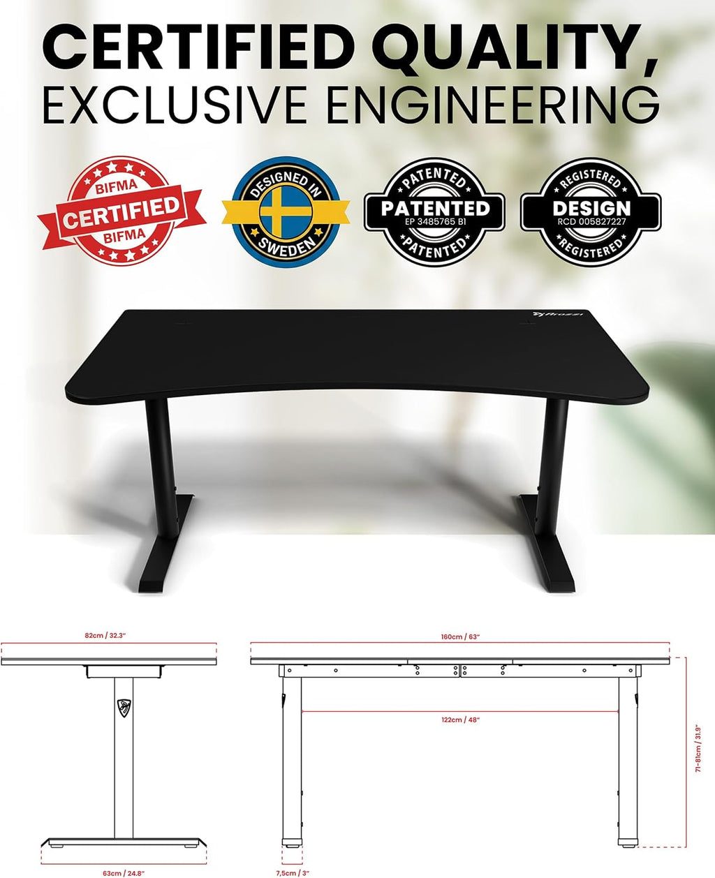 Arozzi Arena Large Gamer Desk - 63x32' Adjustable Height PC Gaming Desk With Storage For Cables & Triple-Monitor Support - Full-Surface Washable Mousepad - Pure Black