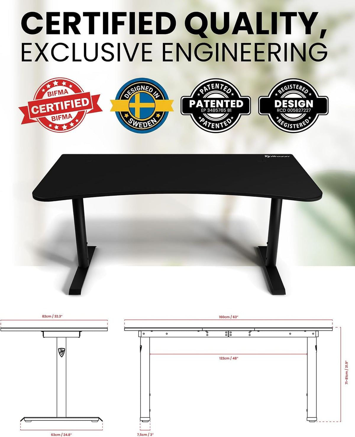 Arozzi Arena Large Gamer Desk - 63x32' Adjustable Height PC Gaming Desk With Storage For Cables & Triple-Monitor Support - Full-Surface Washable Mousepad - Pure Black