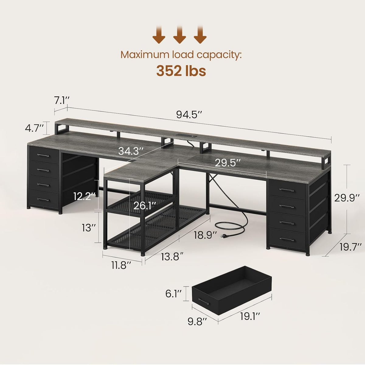 SEDETA 94.5' 2 Person Gaming Desk, Long Office Computer Desk with 8 Drawers & LED Lights, Two Person Desk with Storage, Power Strip & Monitor Stand for Home Office, Grey