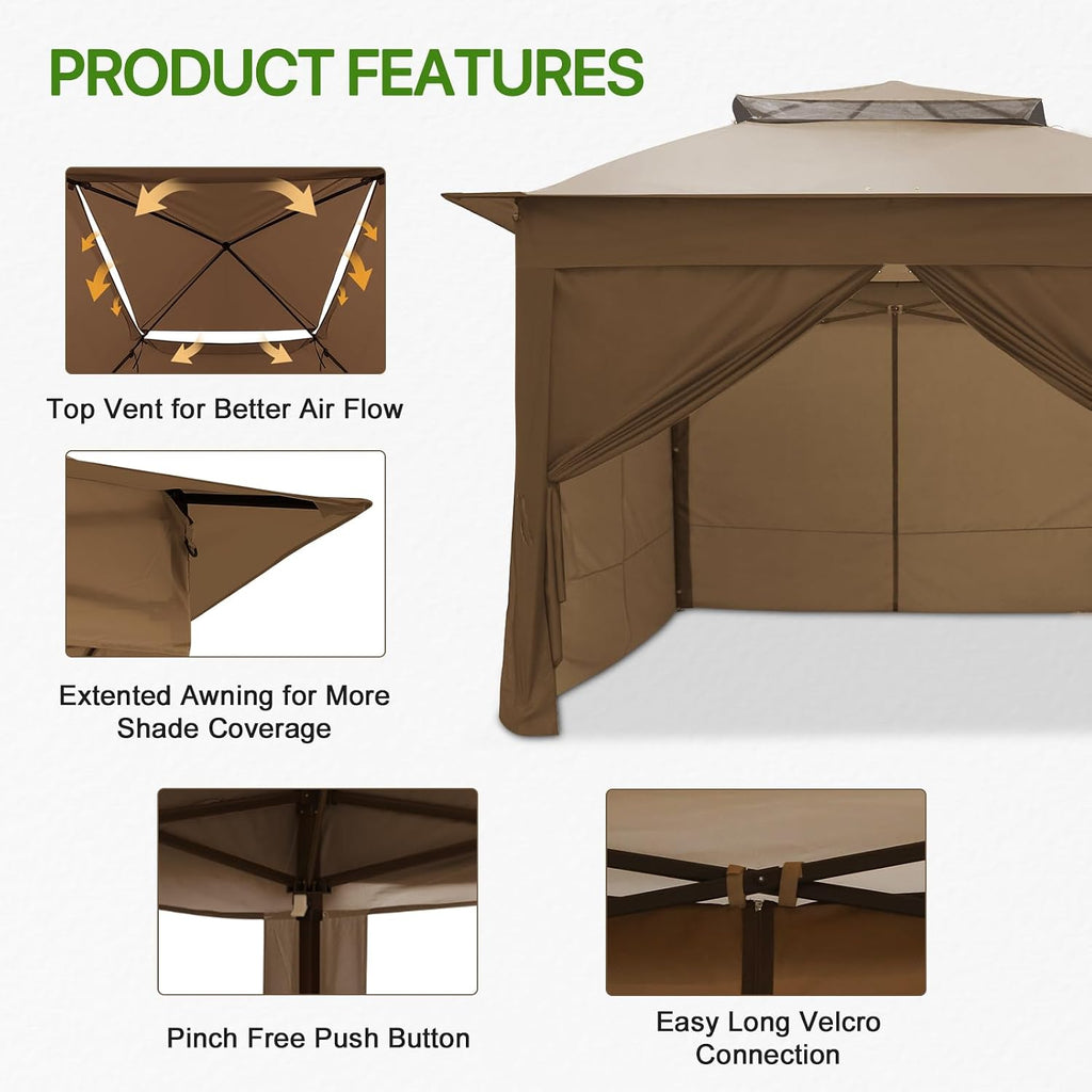 COOS BAY 11x11 Pop Up Gazebo with 4 Sidewalls, Instant Outdoor Canopy Tent with UPF 50+ UV Protection, Water Resistant Shelter with Carry Bag, Stakes & Ropes, Brown
