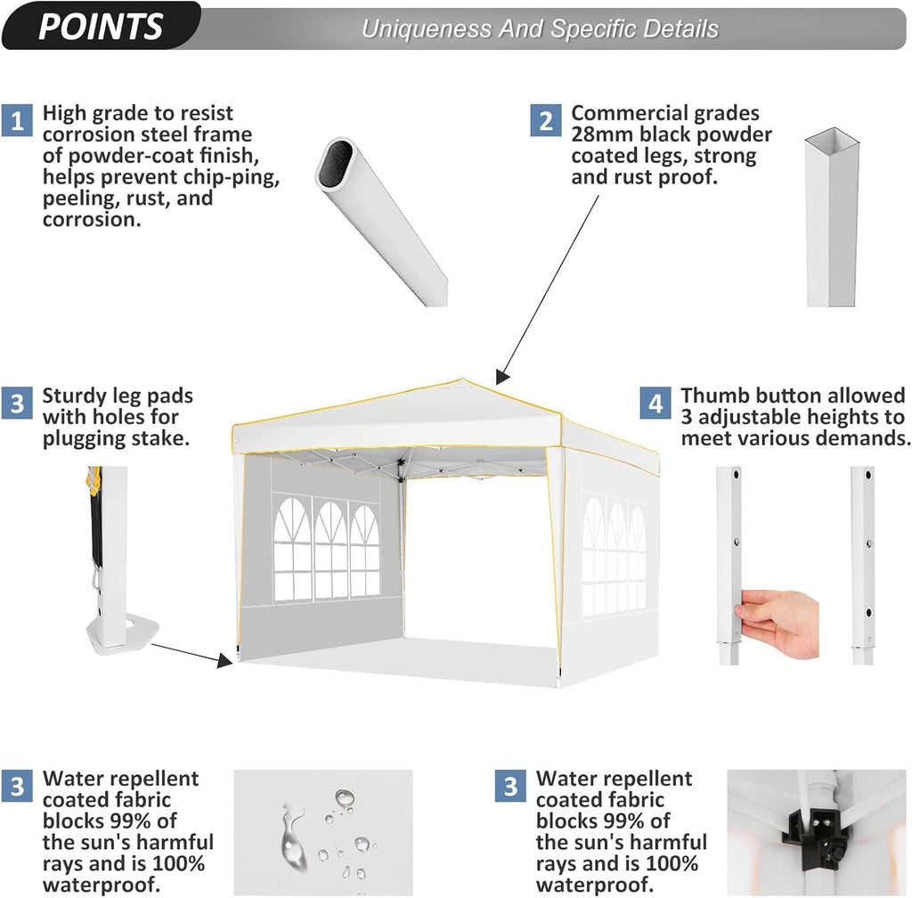 COBIZI 10x10 Pop up Canopy, Canopy Tent 10x10 Gazebos, Ez up Canopy for Parties Outdoor Camping Party Event Shelter Sun Shade with 4 Sidewalls & Carry Bag 4 Stakes & Ropes & Sandbags, White