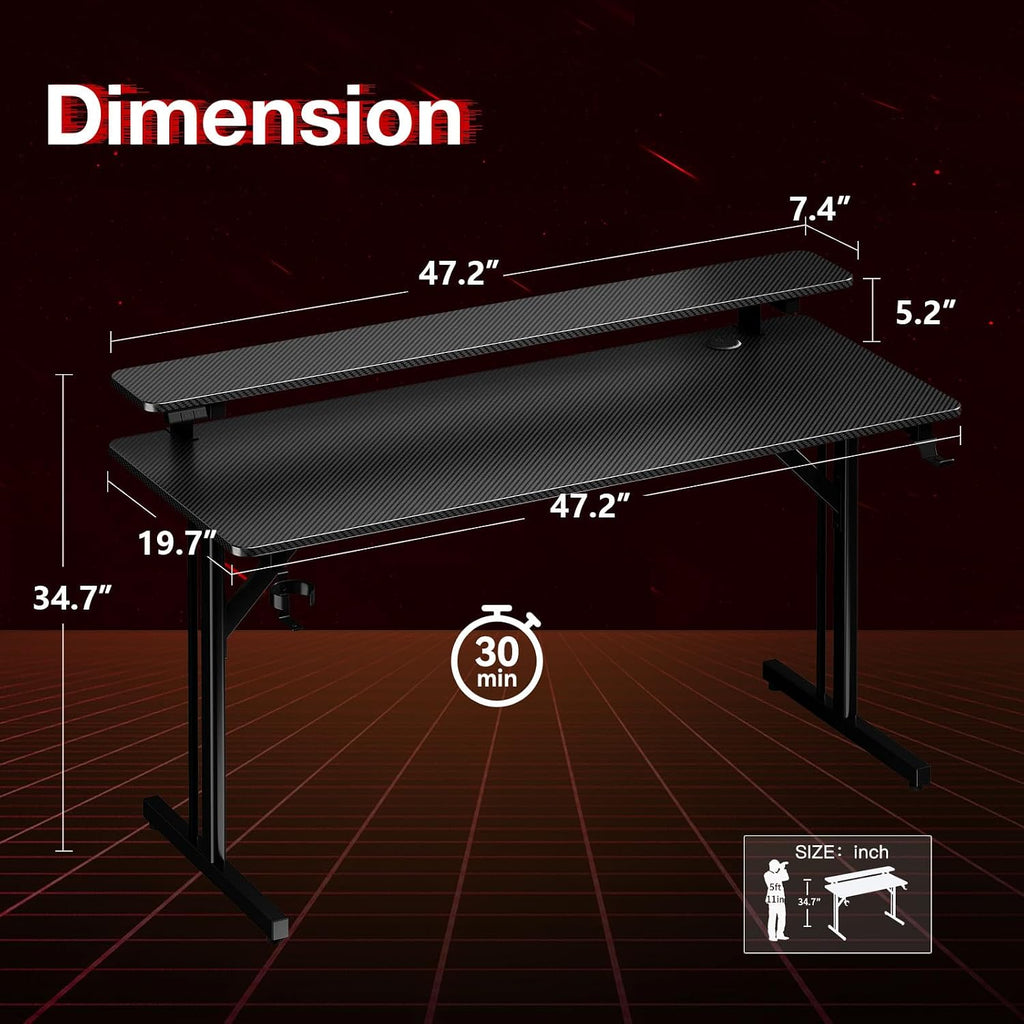 MOTPK 47 Inch Gaming Desk with LED Lights, Computer Desk Gaming Table with Monitor Shelf, Gamer Desk with Carbon Fiber Texture, Kids Boys Desk Gift for Men