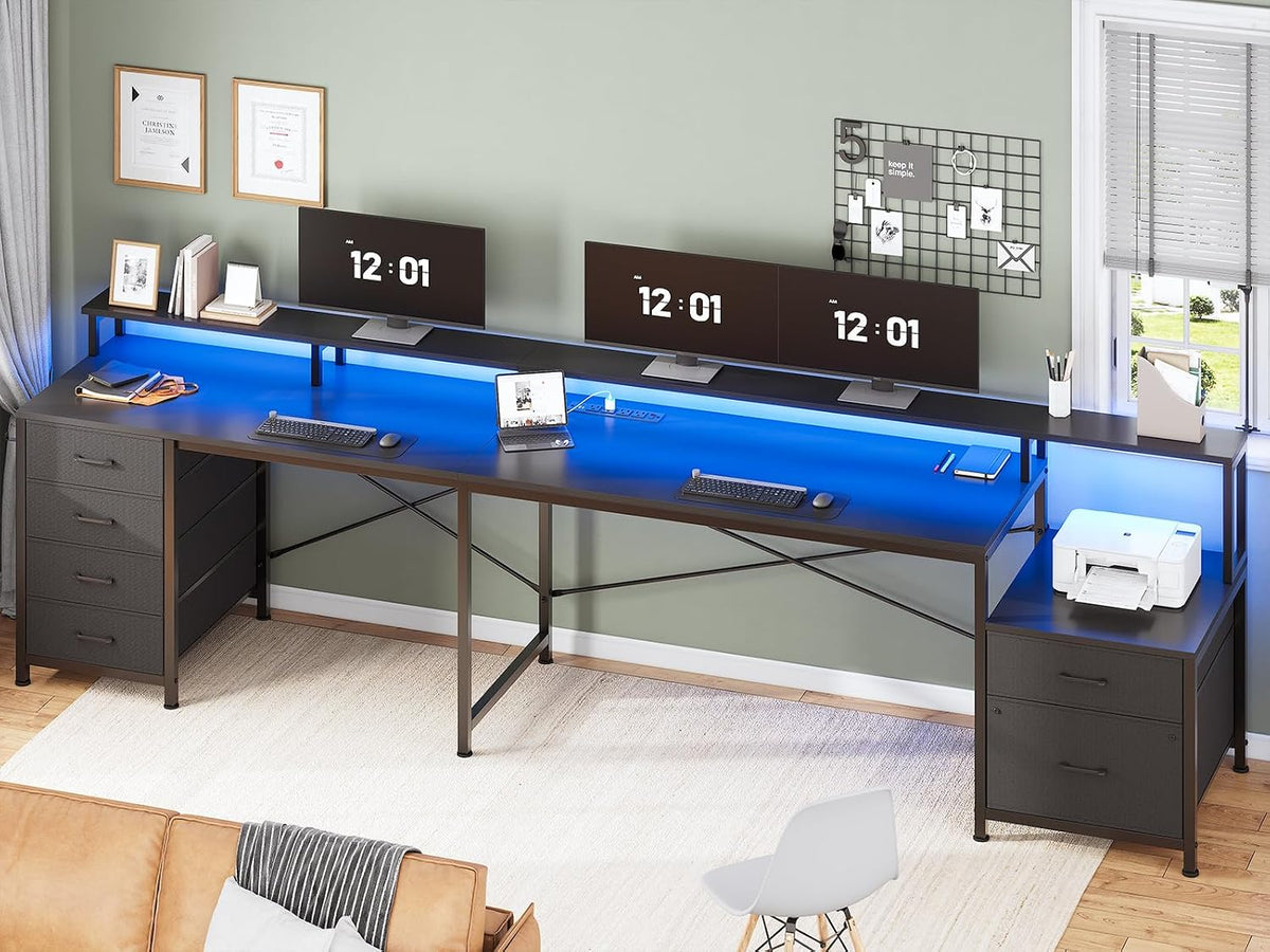 SEDETA L Shaped Desk with 6 Drawer, 108' Home Office Desk with File Drawer & Power Outlet, Corner Computer Desk with Monitor Shelf, File Cabinet, Two Person Desk, Gaming Desk with Led Lights, Black