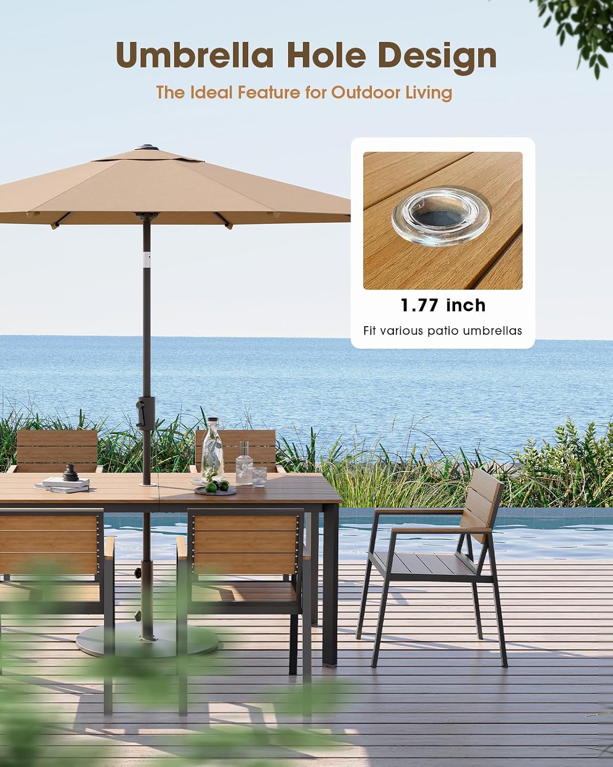 Outdoor Dining Set for 4, Aluminum Patio HDPS Outdooor Table and Chairs Set with Umbrella Hole, All Weather Patio Furniture Set, 5 Peice Patio Dining Table Set (Gray & Teak)