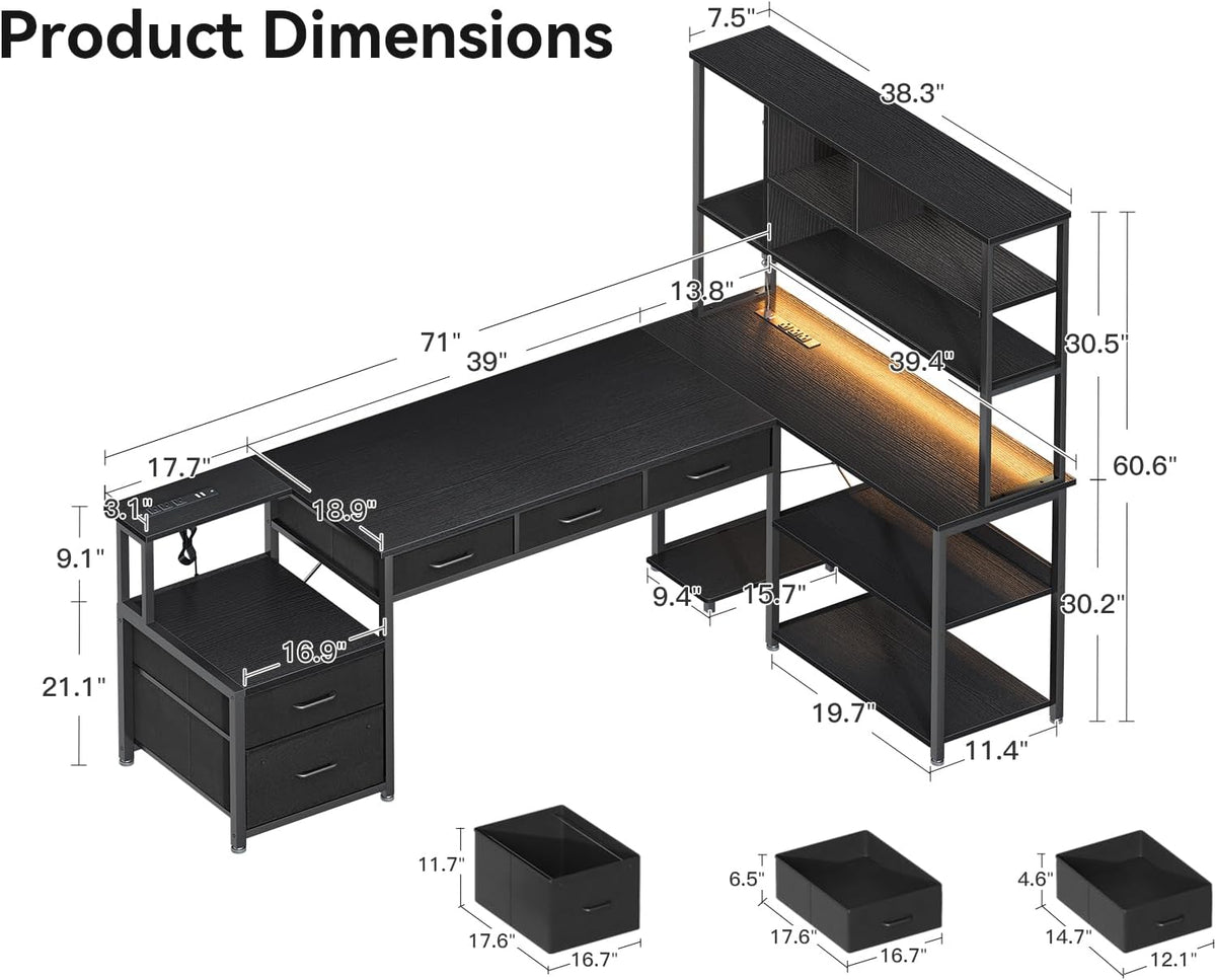 AODK 71 inch L Shaped Desk with 5 Drawers, Reversible L Shaped Gaming Desk with LED Light & 2 Power Outlets, Computer Desk with Storage Shelves for Home Office, Black