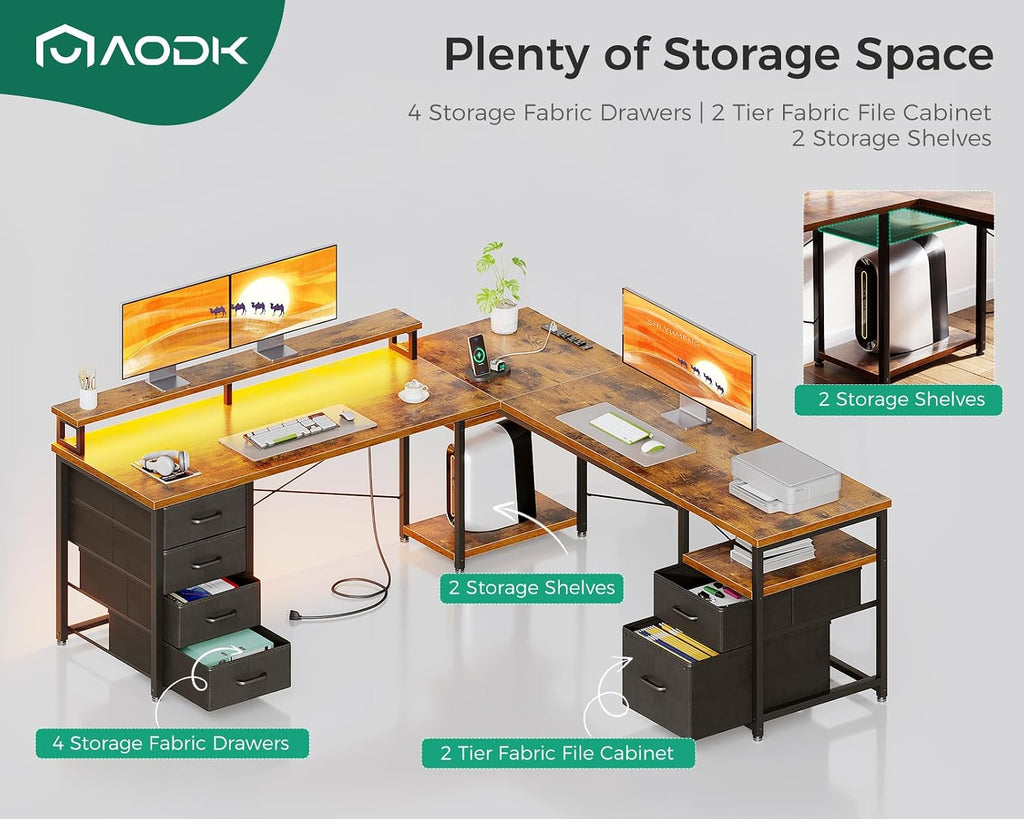 AODK 66' L Shaped Computer Desk, 113' Reversible Home Office Desk with File Cabinet & 4 Fabric Drawers, Two Person Desk with LED Lights & Power Outlet, Corner Gaming Desk with Monitor Shelf, Vintage