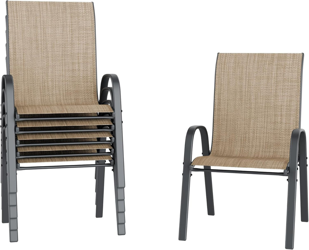 Amopatio Patio Chairs Set of 6, Outdoor Stackable Dining Chairs for All Weather, Breathable Garden Outdoor Furniture for Backyard Deck(Brown)