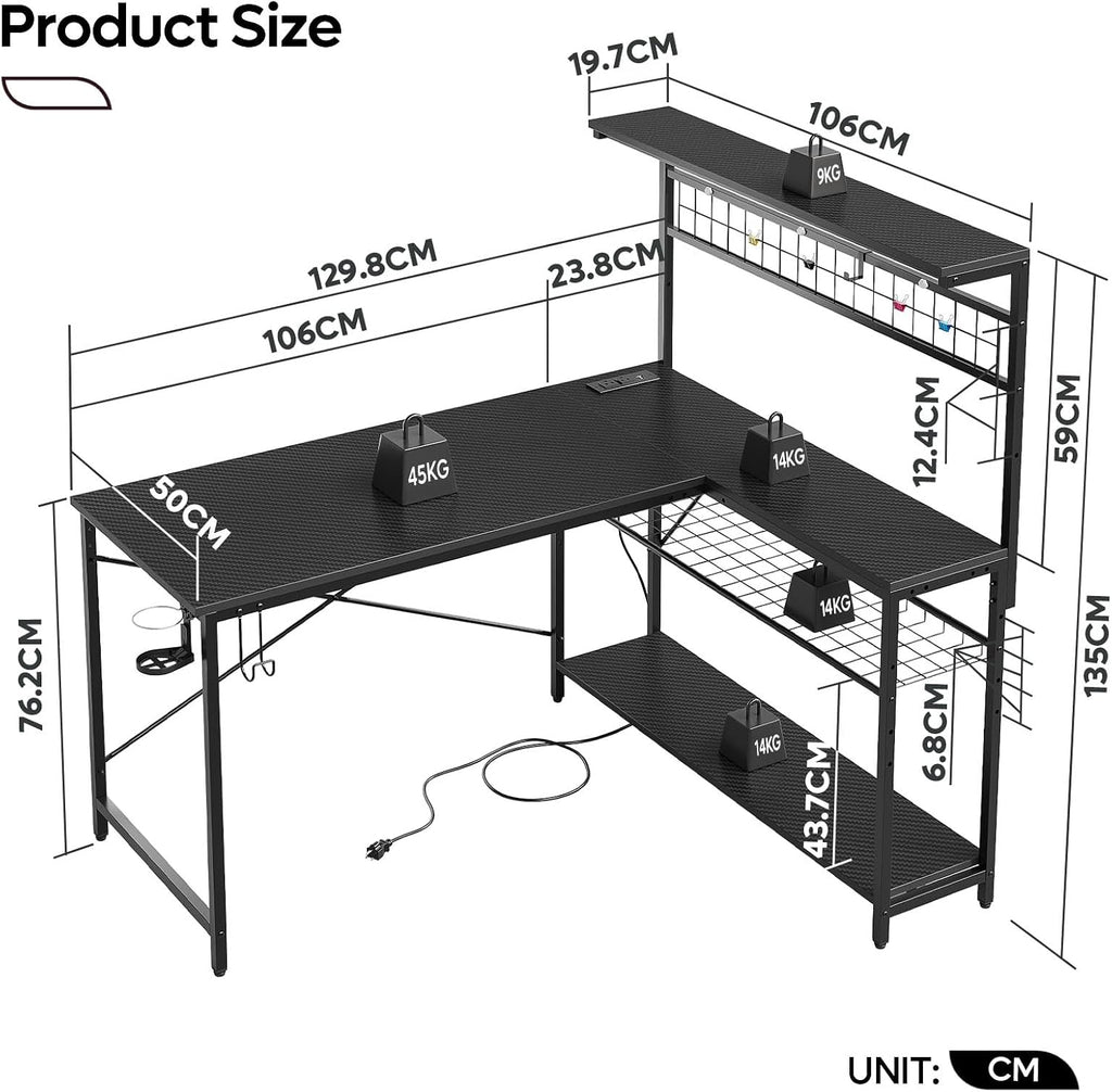 Bestier Gaming Desk 51' L-Shaped, with Power Outlets & LED Lights- 4 Tier Shelves, Reversible Gamer Table with Hooks & Cup Holder for Home Office Carbon Fiber Black