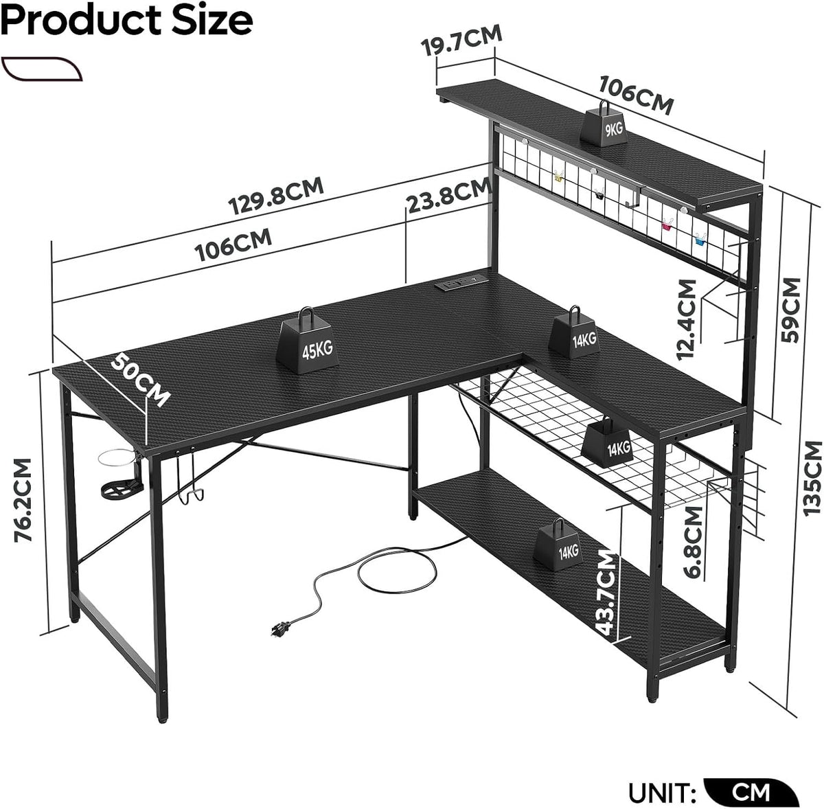 Bestier Gaming Desk 51' L-Shaped, with Power Outlets & LED Lights- 4 Tier Shelves, Reversible Gamer Table with Hooks & Cup Holder for Home Office Carbon Fiber Black
