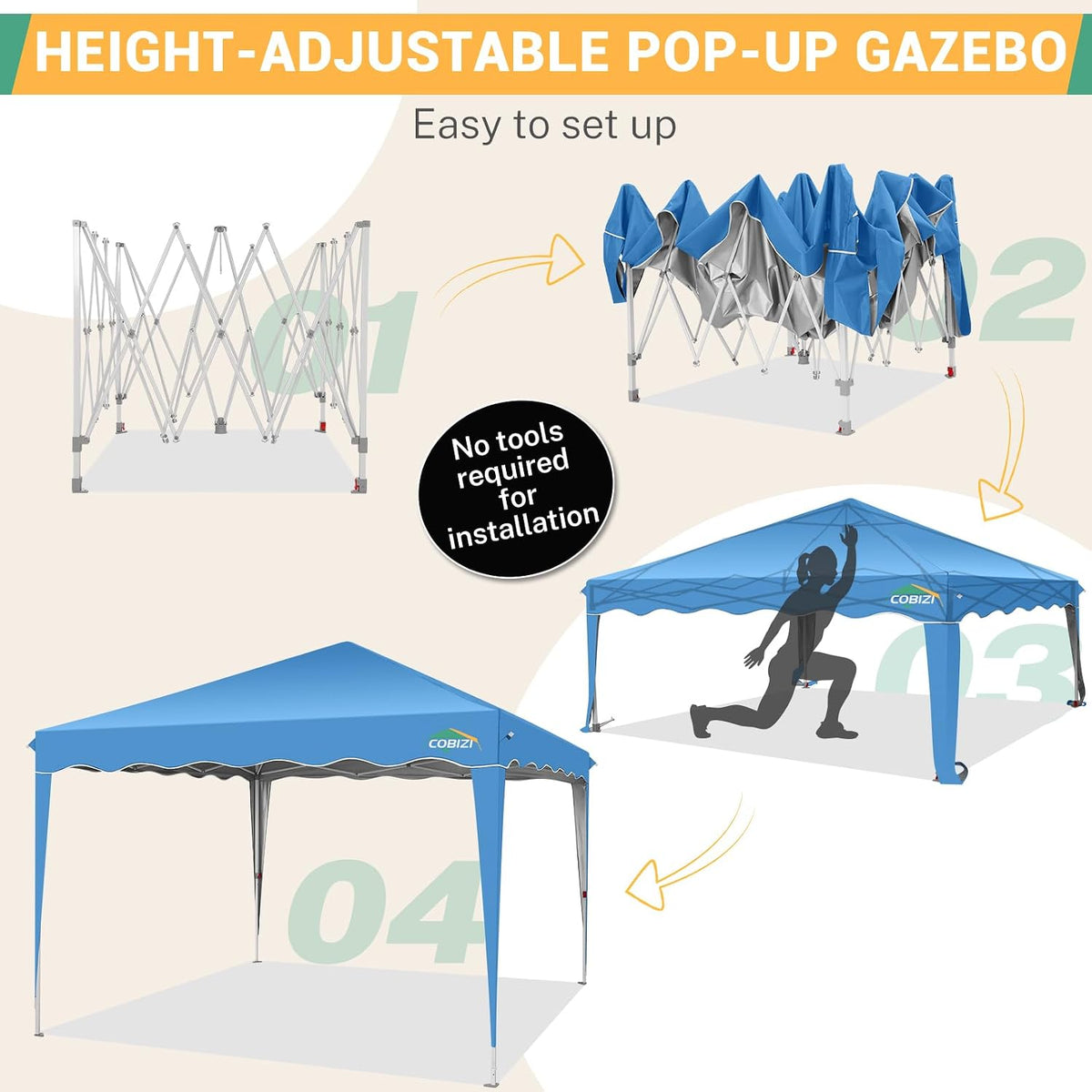 COBIZI 10x10 Pop Up Canopy Tent, Easy Up Canopy with 1-Button Push, Outdoor Canopy Tents with Wavy roof, Portable Canopy for Home, Camping, Outdoor Events, Black