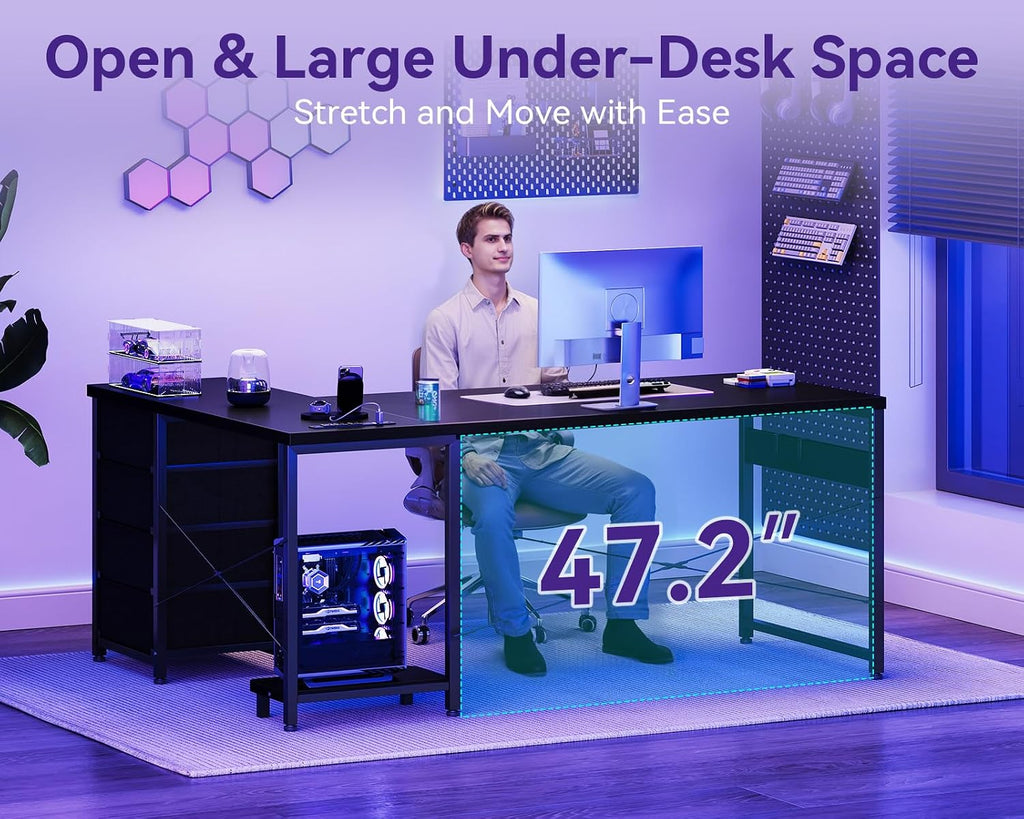 AODK L Shaped Gaming Desk with 4 Drawers, 61' Reversible Home Office Desks with Power Outlets, L Shaped Computer Desk with USB Charging Port and Host Stand, Corner Desk, Easy to Assemble, Black