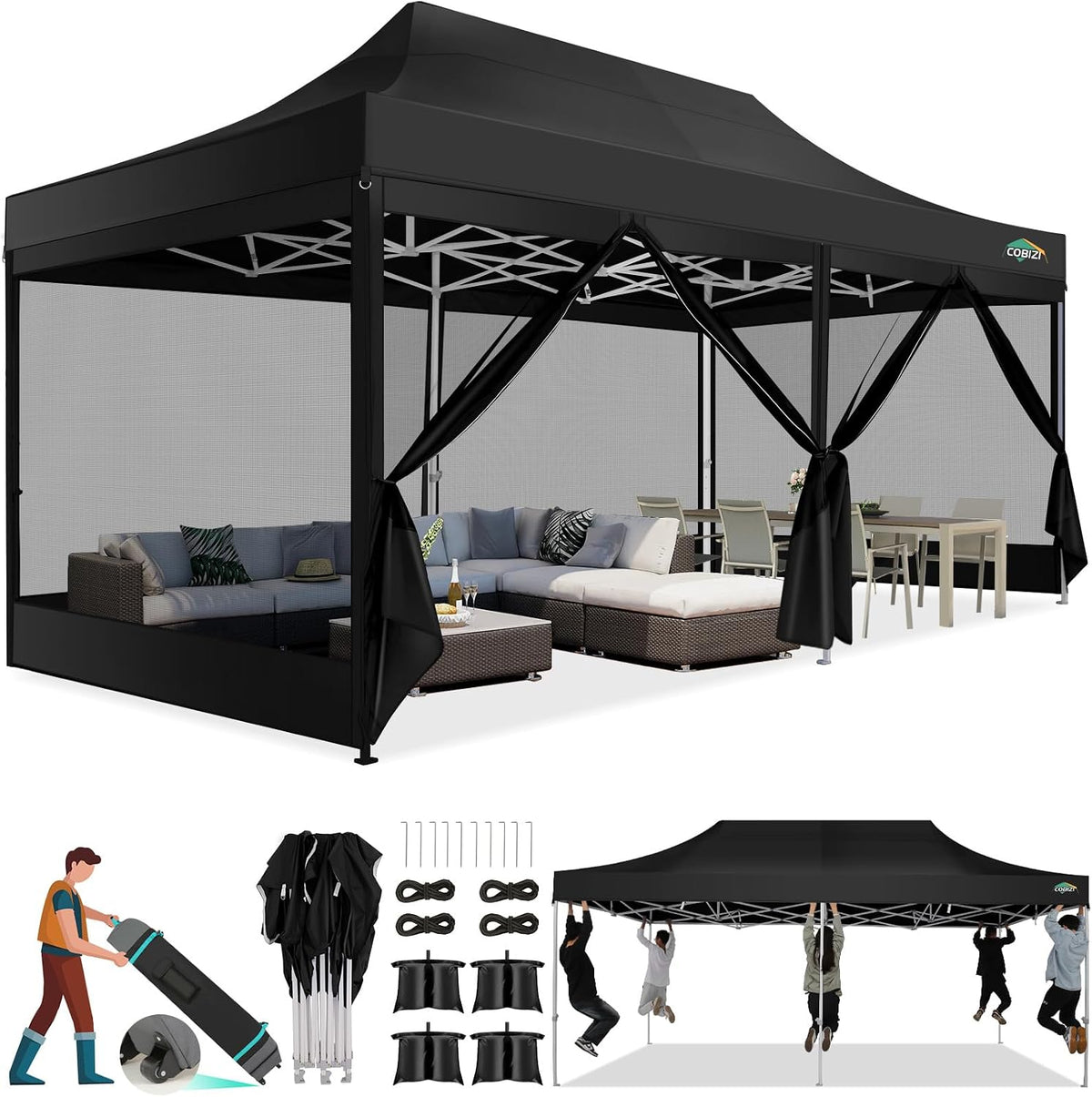 COBIZI 10x20 Canopy Tent, Heavy Duty Pop up Canopy with Sidewalls, Waterproof Easy Setup Canopy with Mosquito Netting, Outdoor Instant Screen Tents for Parties, Wedding with Roller Bag, Black