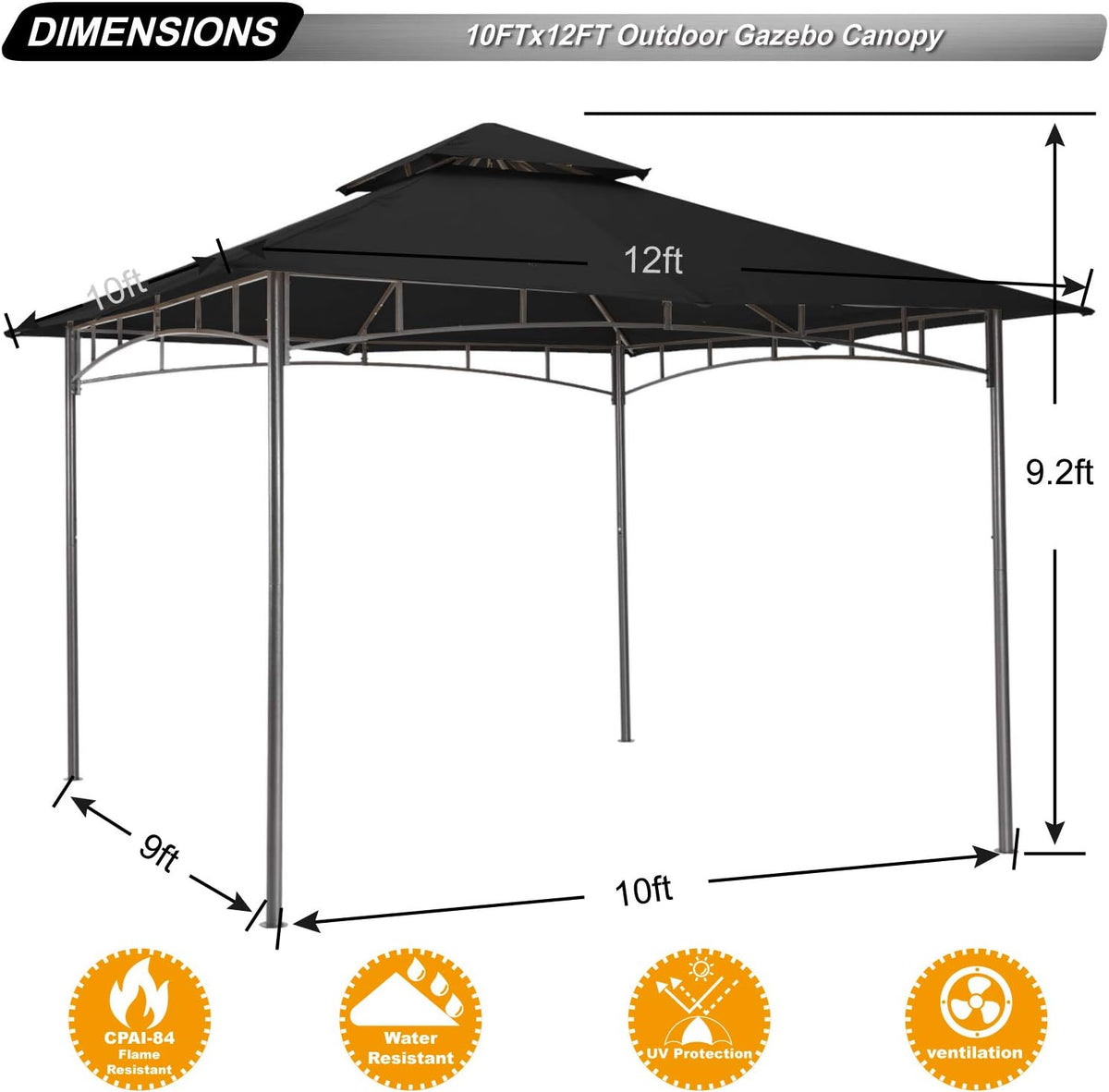ABCCANOPY Gazebos for Patios - Outdoor Steel Frame Gazebo for Lawn Backyard Garden Deck 10x12 (Black)