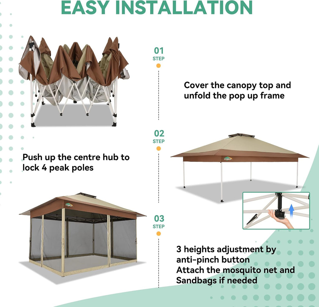COBIZI 13x13 FT Pop up Gazebo on Clearance - Outdoor pop up Canopy Tent,carpas para Patio, Shelter - Screen Tents with Portable Carry Bag, Patio Gazebos for Camping,Garden,Deck,Backyard,Khaki