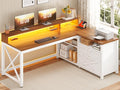 SEDETA Farmhouse L Shaped Desk, 55' Home Office Desk with Drawers and Storage Shelves, L Shaped Gaming Desk with LED Lights, Power Outlet and Monitor Shelf, Brown