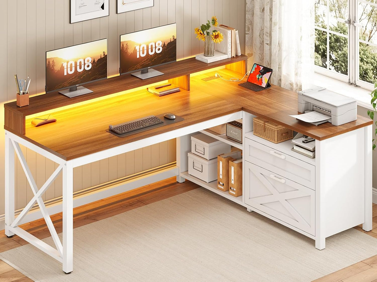 SEDETA Farmhouse L Shaped Desk, 55' Home Office Desk with Drawers and Storage Shelves, L Shaped Gaming Desk with LED Lights, Power Outlet and Monitor Shelf, Brown