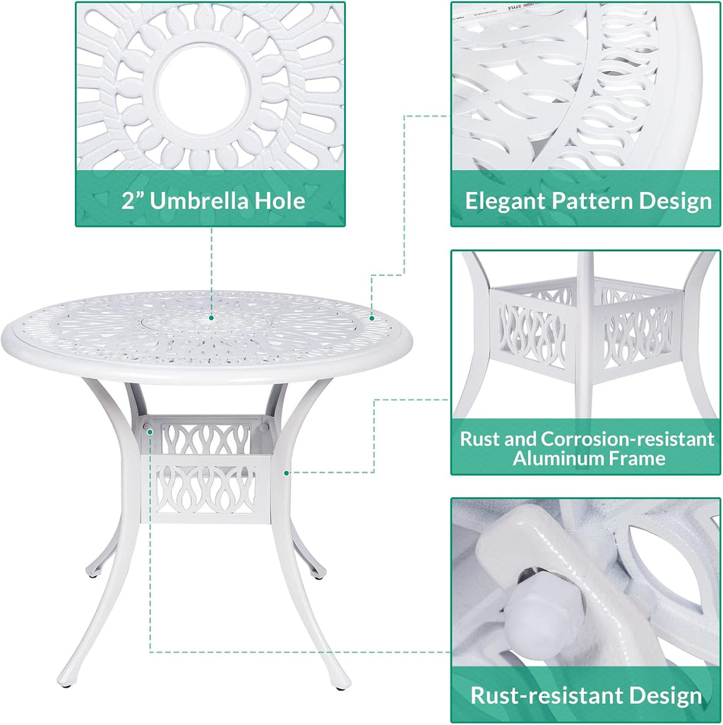 VIVIJASON 5-Piece Patio Furniture Dining Set, All-Weather White Cast Aluminum Outdoor Conversation Set, Include 4 Cushioned Chairs and a 35.4' Round Table w/Umbrella Hole for Balcony Lawn Garden