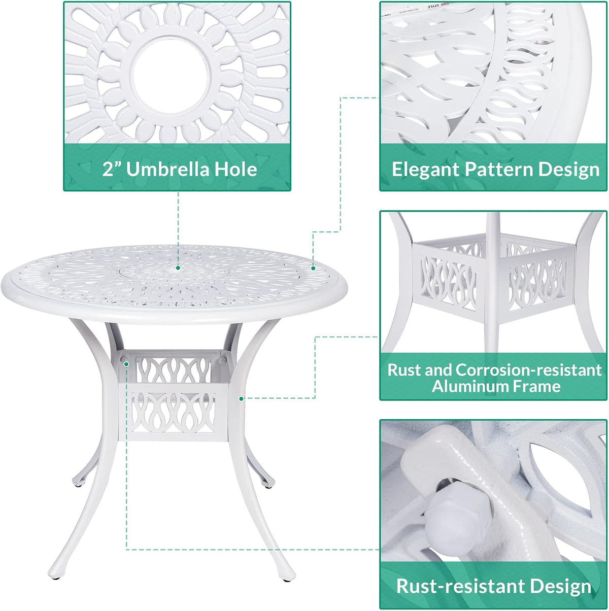 VIVIJASON 5-Piece Patio Furniture Dining Set, All-Weather White Cast Aluminum Outdoor Conversation Set, Include 4 Cushioned Chairs and a 35.4' Round Table w/Umbrella Hole for Balcony Lawn Garden