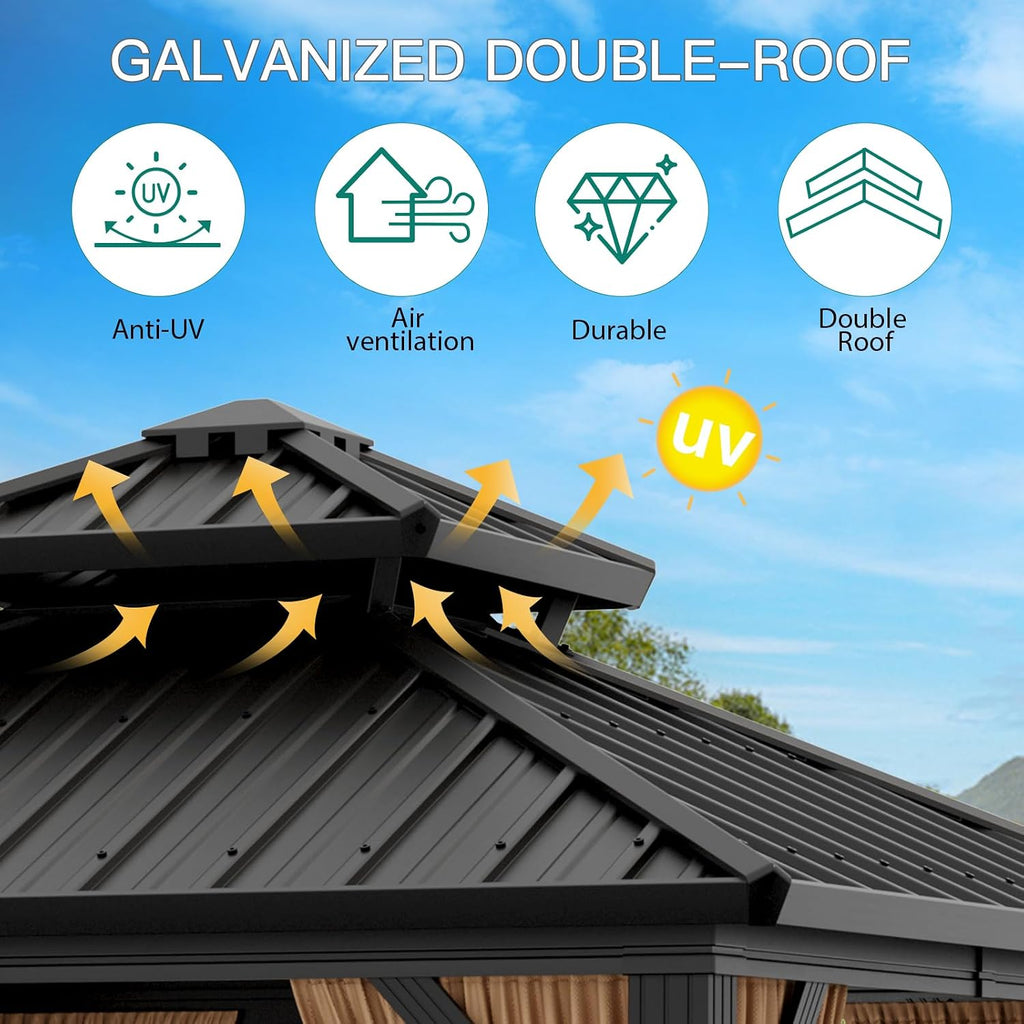 GAOMON Hardtop 10x12ft Gazebo, Double Roof Canopy with Netting and Curtains, Wood Grain Outdoor Gazebo Galvanized Iron Aluminum Frame Garden Tent for Patio, Backyard, Deck, Lawns