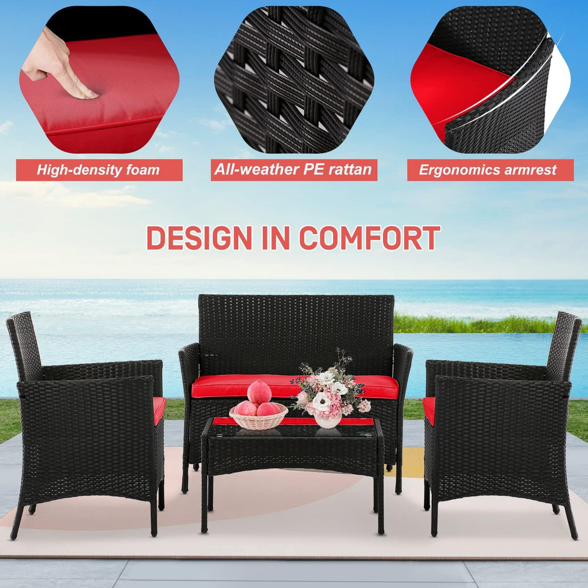 4 Pieces Patio Furniture Set Conversation Chairs, Outdoor Wicker Patio Set with Table Patio Seating Rattan Patio Sofa for Balcony Backyard Front Porch Decor Set with Cushion Seat, Blue