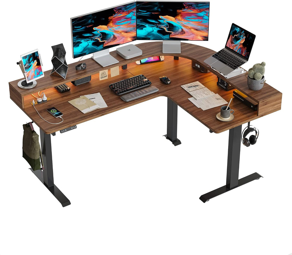 FEZIBO L Shaped Standing Desk with Arc LED & Power Outlet, Exclusive Uprated 3 Motors Support 330LBS, Electric Height Adjustable L Shaped Desk with Large Monitor Stand, for Gaming Office, Black Walnut