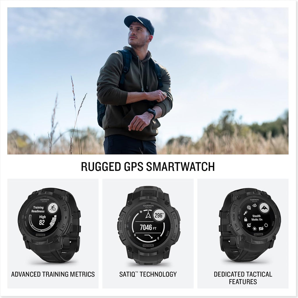 Garmin Instinct 3 Tactical Edition, Solar Charged 45mm Display, Outdoor Rugged GPS Smartwatch Bundle with USB Wall Charger + Microfiber Cleaning Cloth + More