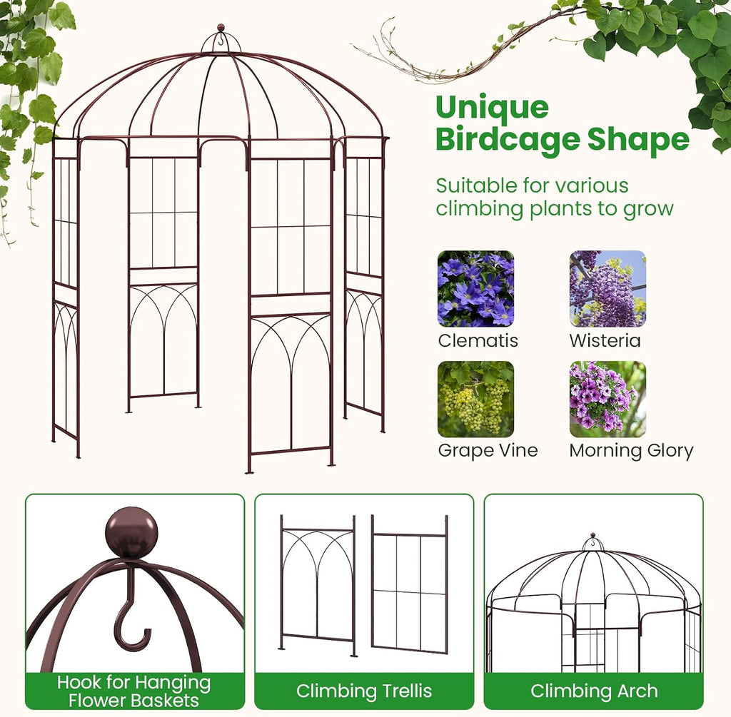Moccha Birdcage Shape Garden Arch, 8.4' H x 7' W Pergola Pavilion Arch for Climbing Plants, French Style Gazebo with 16 Ground Stakes, Outdoor Metal Garden Arbor for Wedding Party Decoration, Bronze