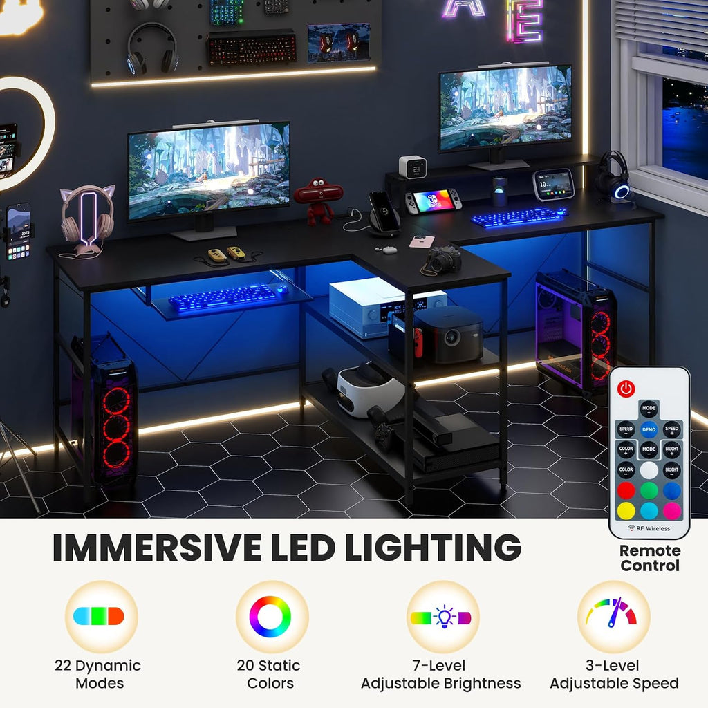 Tangkula 2-Person Reversible Computer Desk with LED Lights, 94.5' Long Office Desk with Power Outlets, Monitor Stand, Keyboard Tray & 2 Storage Shelves, Double Desk for Gaming Working Writing (Black)