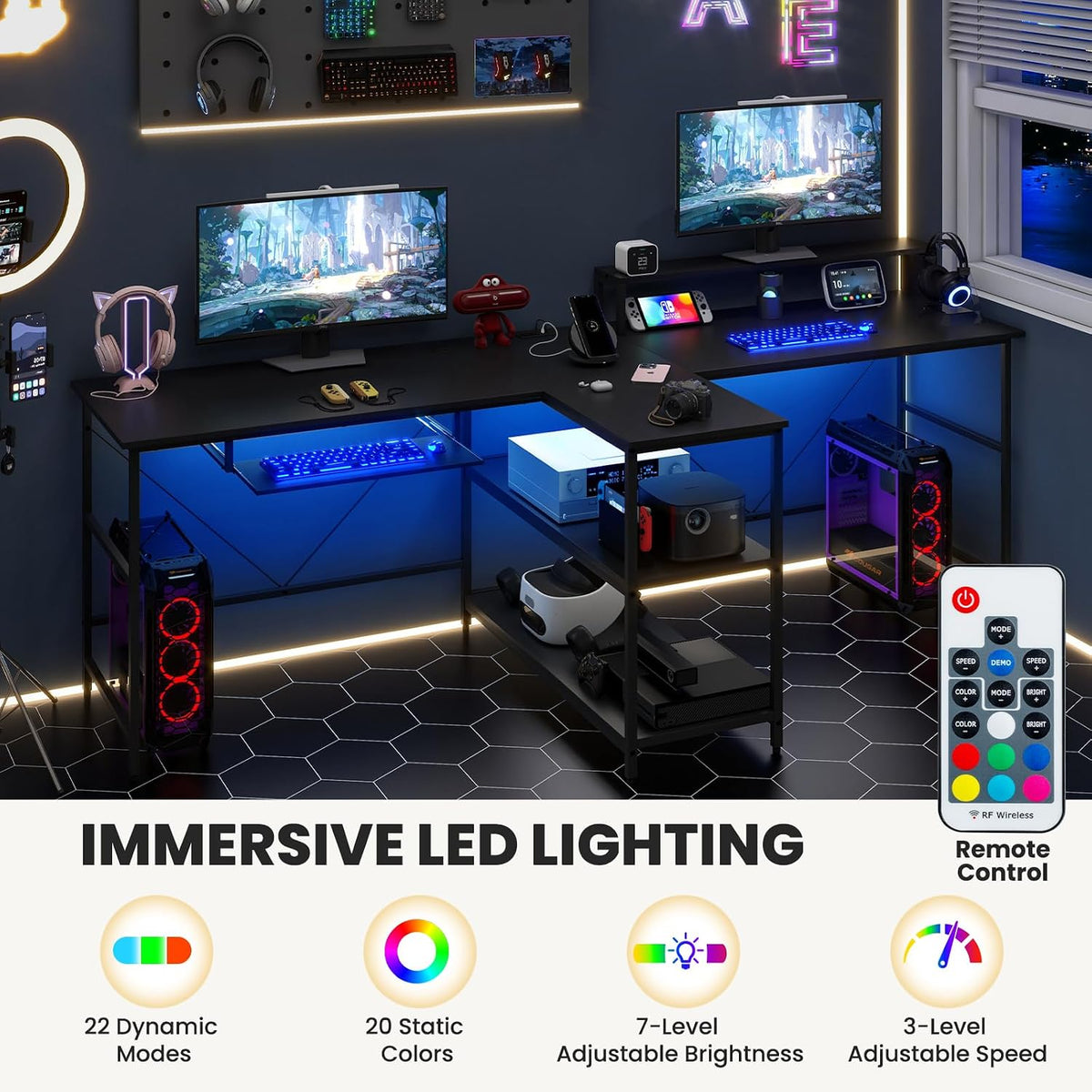 Tangkula 2-Person Reversible Computer Desk with LED Lights, 94.5' Long Office Desk with Power Outlets, Monitor Stand, Keyboard Tray & 2 Storage Shelves, Double Desk for Gaming Working Writing (Black)